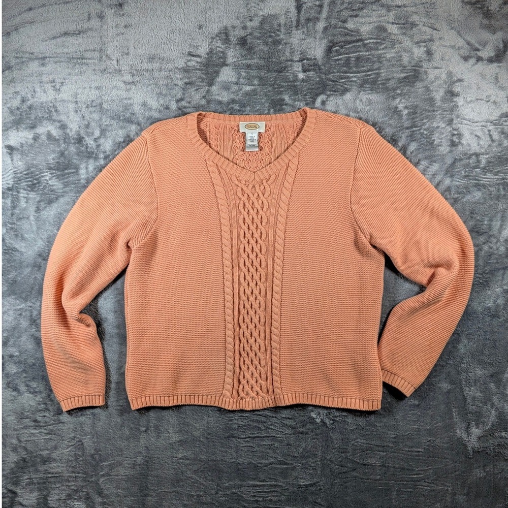 Talbots Womens Cable Knit V-Neck Sweater L Coral Peach Cotton Classic Preppy